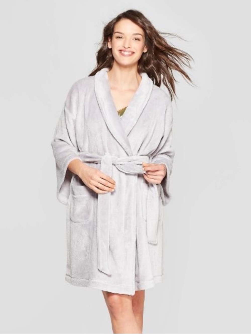stars above 3/4 Sleeve Plush Fuzzy Robe Light Gray XS/S